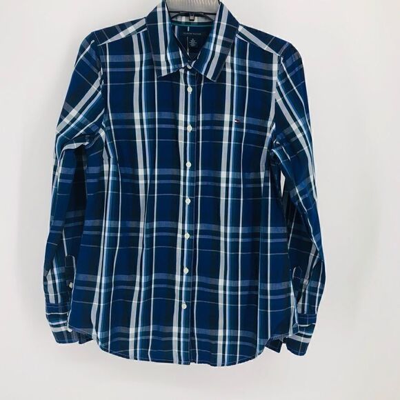 Tommy Hilfiger Sz M Blue Black Plaid Western Classic Button Down Collar Shirt - Picture 2 of 7